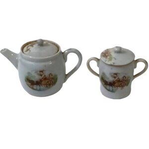 Antique Japanese Mini Teapot & Lidded 2-Handled Pot Goat Cart & Flowers Decor